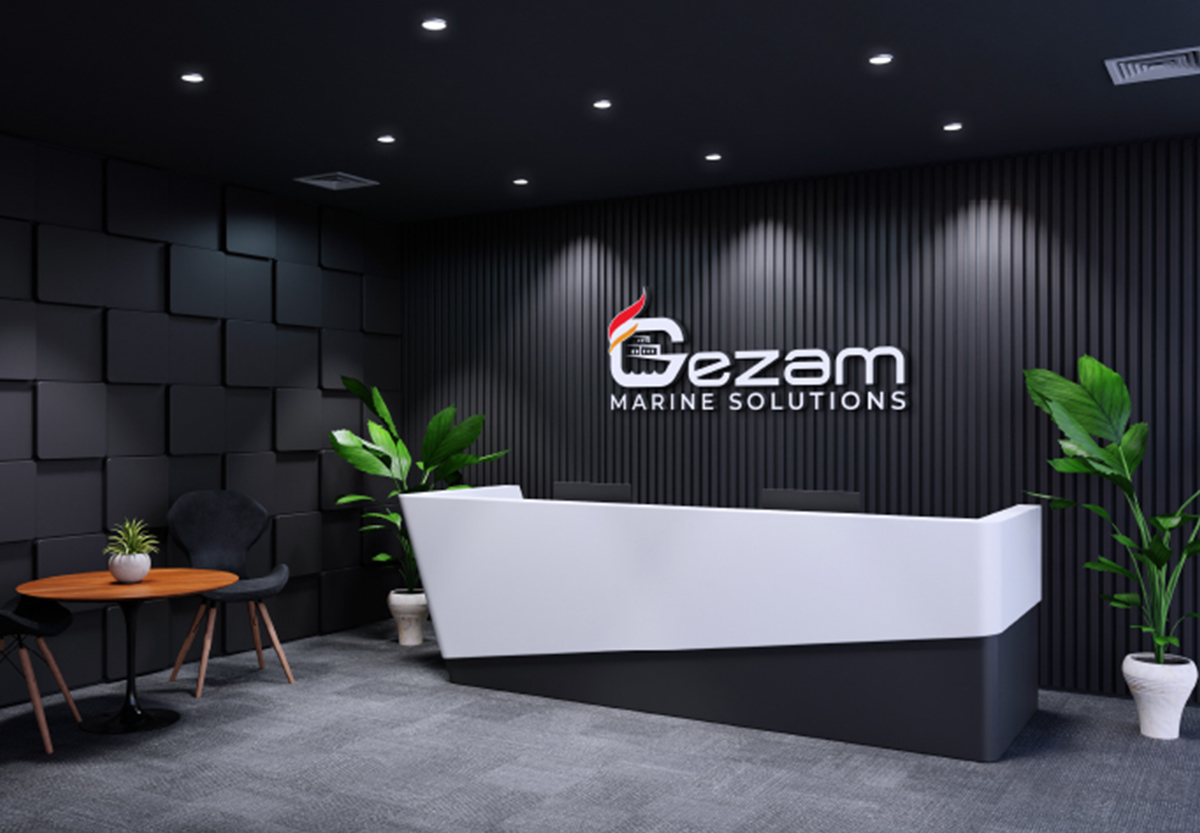 Branding mockup with Gezam Marine logo in reception area.