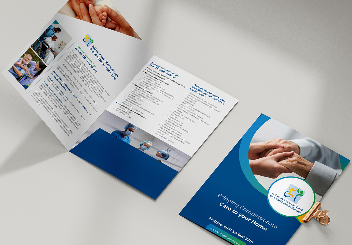 Inside view of company profile folder for Committed Home Health Care showcasing services