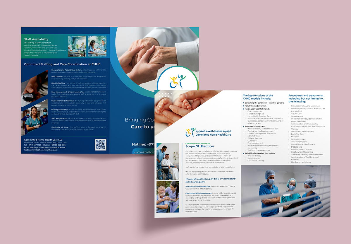 Company profile folder for Committed Home Health Care showcasing healthcare branding services